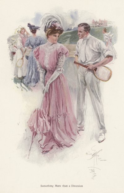 Homme interrompant son match de tennis pour parler à une jeune femme - Harrison Fisher