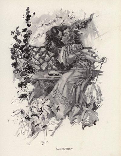 Homme embrassant une femme dans un jardin - Harrison Fisher