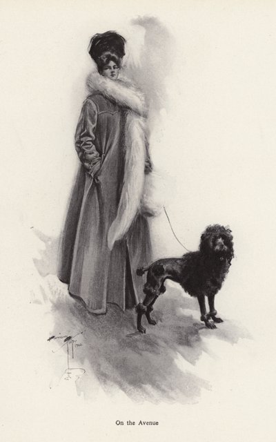 Femme en long manteau avec un caniche - Harrison Fisher