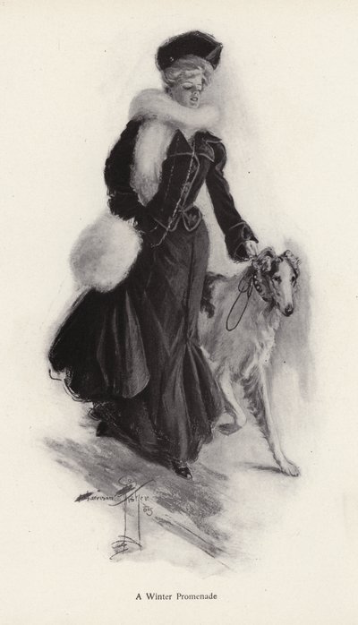 Femme promenant son chien colley en hiver - Harrison Fisher