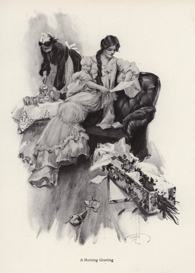 Jeune femme recevant un bouquet de fleurs et une lettre d