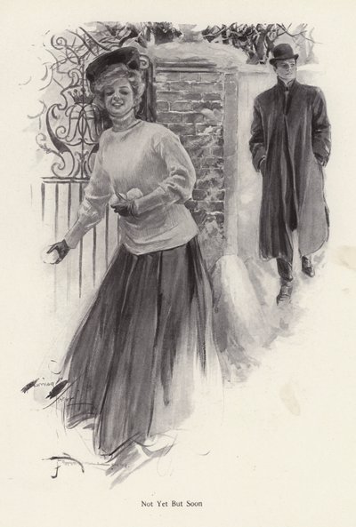 Jeune femme attendant pour lancer des boules de neige à un homme - Harrison Fisher