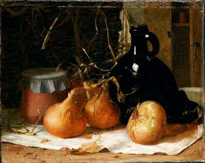 Oignons, une Cruche et un Pot en Céramique sur une Nappe - Harry Brooker