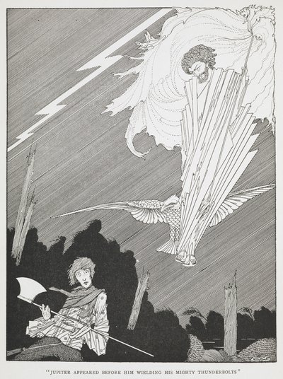 "Jupiter apparut devant lui brandissant ses puissants éclairs." Illustration pour "les souhaits ridicules" - Harry Clarke