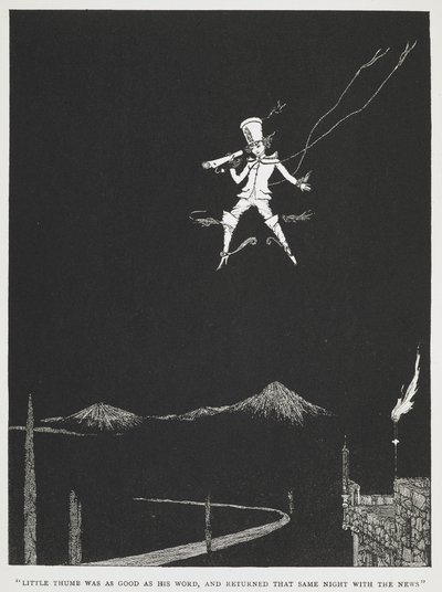 "Le petit poucet tint parole et revint la même nuit avec la nouvelle." Un messager volant dans le ciel nocturne. Illustration pour l