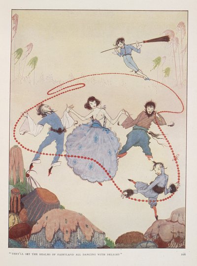 "Ils feront danser tout le royaume des fées avec joie". Illustration pour Alms in autumn par Rose Fyleman. Figures dansant dans les airs. - Harry Clarke