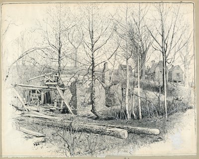 Dessin, aspect actuel du moulin de Gaines, en regardant vers l