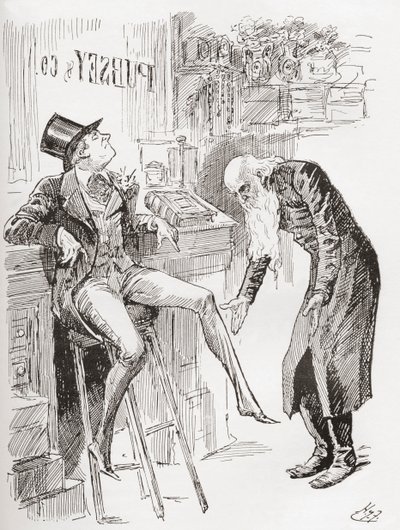 Fledgeby et M. Riah dans la maison de comptage. « Perché sur le tabouret avec son chapeau penché sur la tête et une de ses jambes pendantes, la jeunesse de Fledgeby contrastait à peine avantageusement avec l