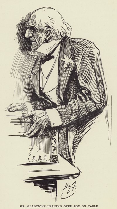M. Gladstone penché sur une boîte sur la table - Harry Furniss
