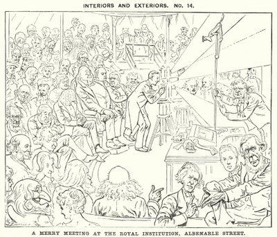 Caricature de Punch : Une joyeuse rencontre à la Royal Institution, Albemarle Street, Londres (gravure) - Harry Furniss