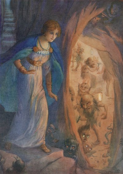 Freyja dans la grotte des nains, extrait du "Collier de Freyja" (lithographie couleur) - Harry George Theaker