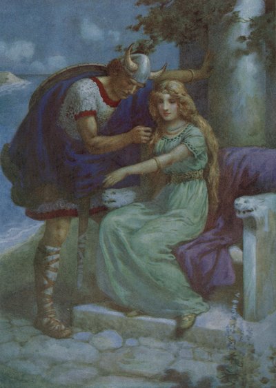Frithiof et Ingeborg, tirés de "The Suit of King Ring" (lithographie couleur) - Harry George Theaker
