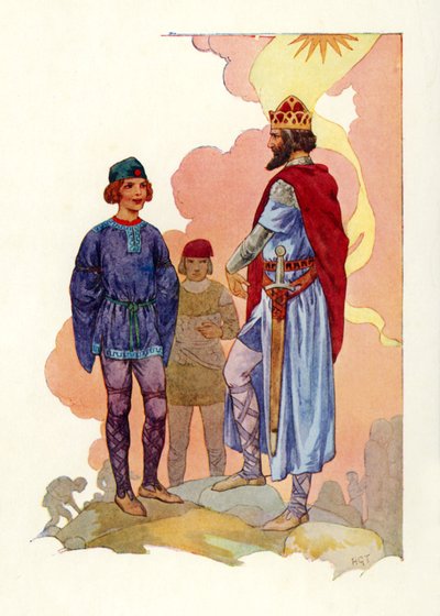 Merlin conduit devant le roi (lithographie couleur) - Harry George Theaker