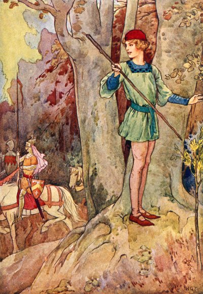 Perceval apercevant trois chevaliers de la Table Ronde (lithographie couleur) - Harry George Theaker