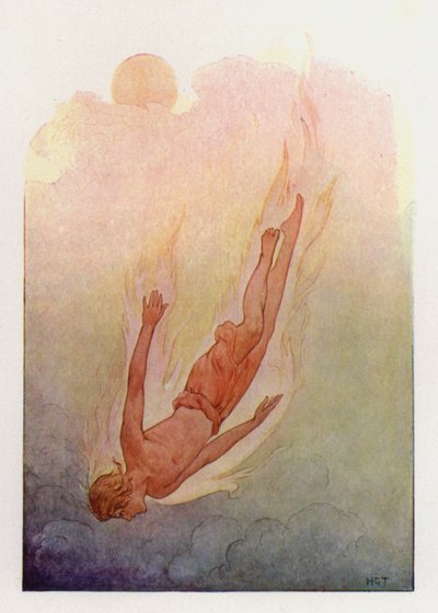 Phaéton, les cheveux en flammes, tombant dans une rivière profonde et fraîche (lithographie couleur) - Harry George Theaker