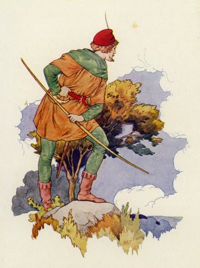 Robin observe de loin le rassemblement à la grange de Guy (lithographie couleur) - Harry George Theaker