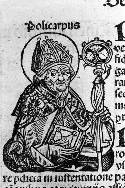 Portrait de Saint Polycarpe de Smyrne, évêque. Gravure des « Chroniques de Nuremberg » par Schedel Hartmann - Hartmann Schedel