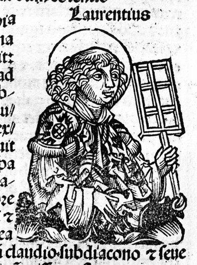 Saint Laurent tenant dans sa main le gril, instrument de son martyre. Gravure du « Liber Chronicarum » de Hartmann Schedel - Hartmann Schedel
