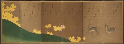 Cerf avec des érables, vers 1605-10 (paravent à six panneaux : encre, couleur et or sur papier) - Hasagawa & Sodon Tetsuzan (1531 1617) (attr.) Tohaku