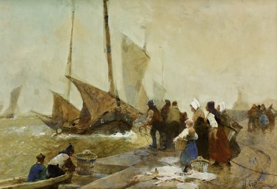 Un quai animé en Bretagne avec des bateaux de pêche revenant - Hector Caffieri