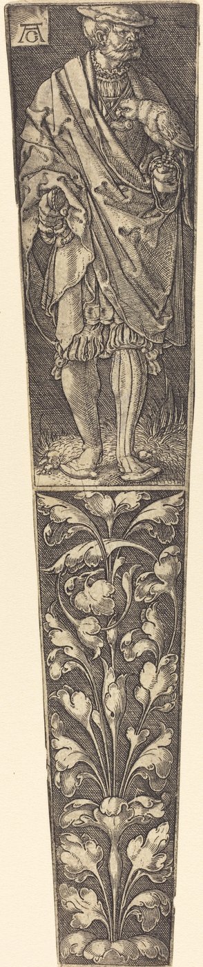 Gaine de poignard avec gentilhomme tenant un perroquet - Heinrich Aldegrever