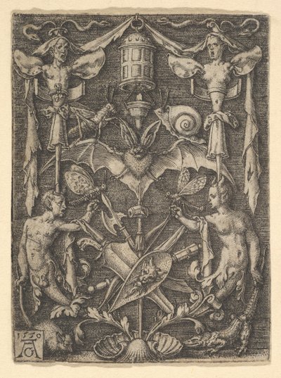 Conception pour un candélabre grotesque avec une chauve-souris au centre - Heinrich Aldegrever