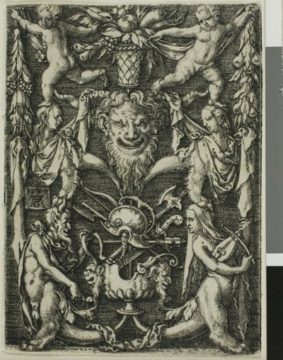 Motif ornemental avec un couple de satyres, des enfants et un trophée - Heinrich Aldegrever