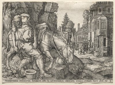 La parabole du bon Samaritain : Le bon Samaritain mettant le voyageur sur son âne - Heinrich Aldegrever