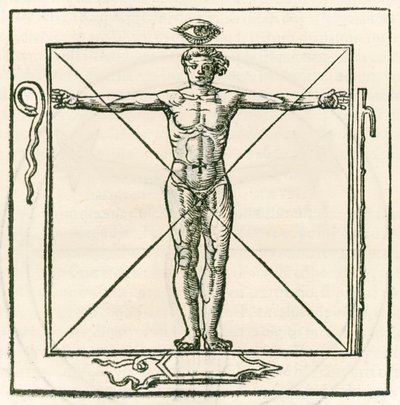 Homme dans un carré entouré de symboles de l