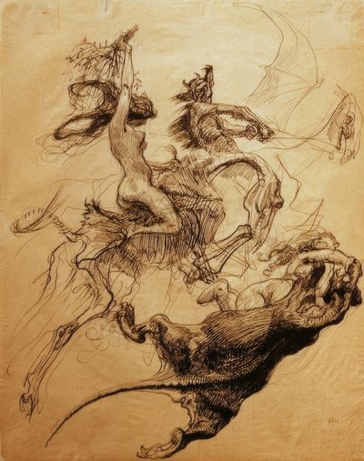 Femme nue chevauchant un squelette et diable sur ptérodactyle - Heinrich Kley