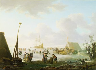 Un paysage étendu avec des traîneaux et des patineurs avec un navire bloqué dans la glace - Hendrick (manner of) Avercamp