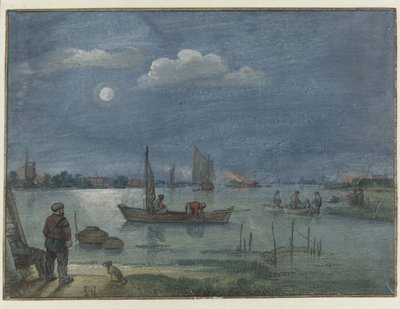 Paysage fluvial au clair de lune avec pêcheurs - Hendrick Avercamp