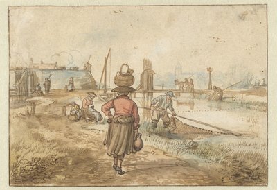 Paysage fluvial avec une femme portant un panier sur la tête, des pêcheurs et d