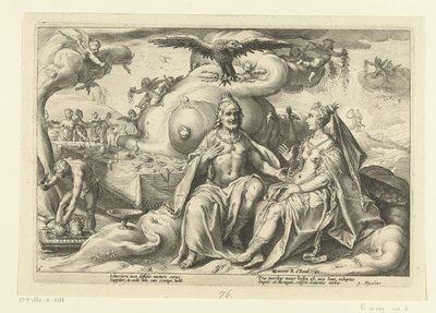 Jupiter et Junon discutent de la question de savoir chez quel sexe le désir amoureux est le plus grand - Hendrick Goltzius (workshop of)
