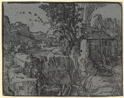 Paysage avec cascade et moulin, planche 1 de la série « Quatre petits paysages » - Hendrick Goltzius