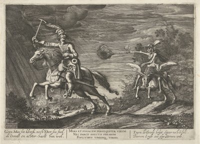 Cavalier et la Mort, Aucun homme si courageux, ni bête si rapide, la Mort les rattrape bien - Hendrick Hondius (I)