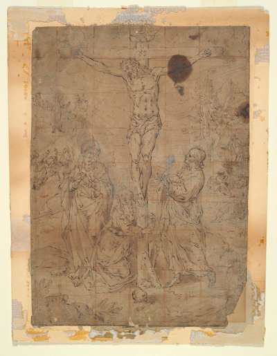 Christ en croix entre la Vierge et Saint Jean avec des scènes de la Passion en arrière-plan - Hendrick de Clerck