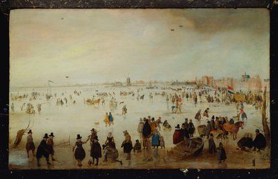 Patineurs, golfeurs, dames et messieurs élégants sur des eaux inondées gelées près de la Broederpoort à Kampen - Hendrik Avercamp
