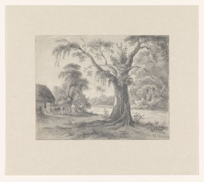 Paysage avec un arbre et une cabane avec cheval et chariot et deux personnages - Hendrik Huygens (signed by artist)