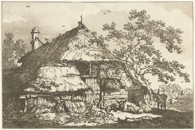 Ferme avec une vache, deux moutons et un âne dans la cour - Hendrik Meijer