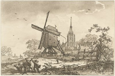 Paysage avec un moulin à vent et une église - Hendrik Meijer