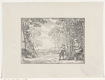 Femme dans un verger épluchant une pomme pour un garçon - Hendrik Numan