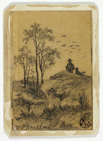 Chasseur et chien sur la colline regardant les oiseaux - Hendrik Pieter Koekkoek