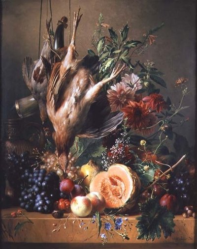 Perdrix, raisins, prunes, pêches, un melon et chrysanthèmes sur un rebord - Hendrik Reekers