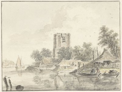 Paysage fluvial avec une grande tour d