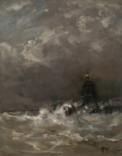 Phare dans les vagues déferlantes - Hendrik Willem Mesdag (signed by artist)