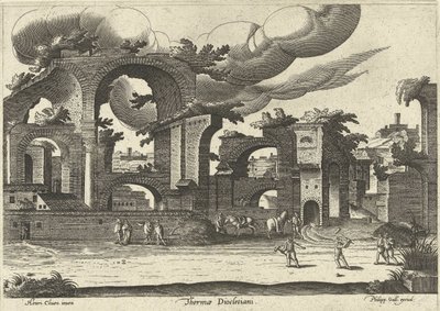 Ruines des Thermes de Dioclétien avec deux hommes jouant au croquet au premier plan, 1585 - Hendrik van Cleve III
