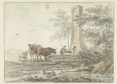 Paysage italianisant avec berger et son bétail et moutons à une fontaine - Hendrik van der Straaten