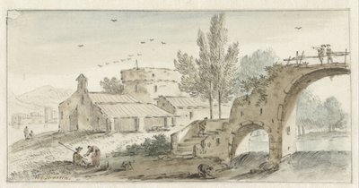 Paysage italianisant avec un pont en pierre - Hendrik van der Straaten