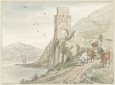 Paysage fluvial italianisant avec montagnes et tour de porte - Hendrik van der Straaten